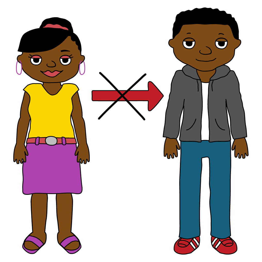 Girl and boy with crossed out arrow.
